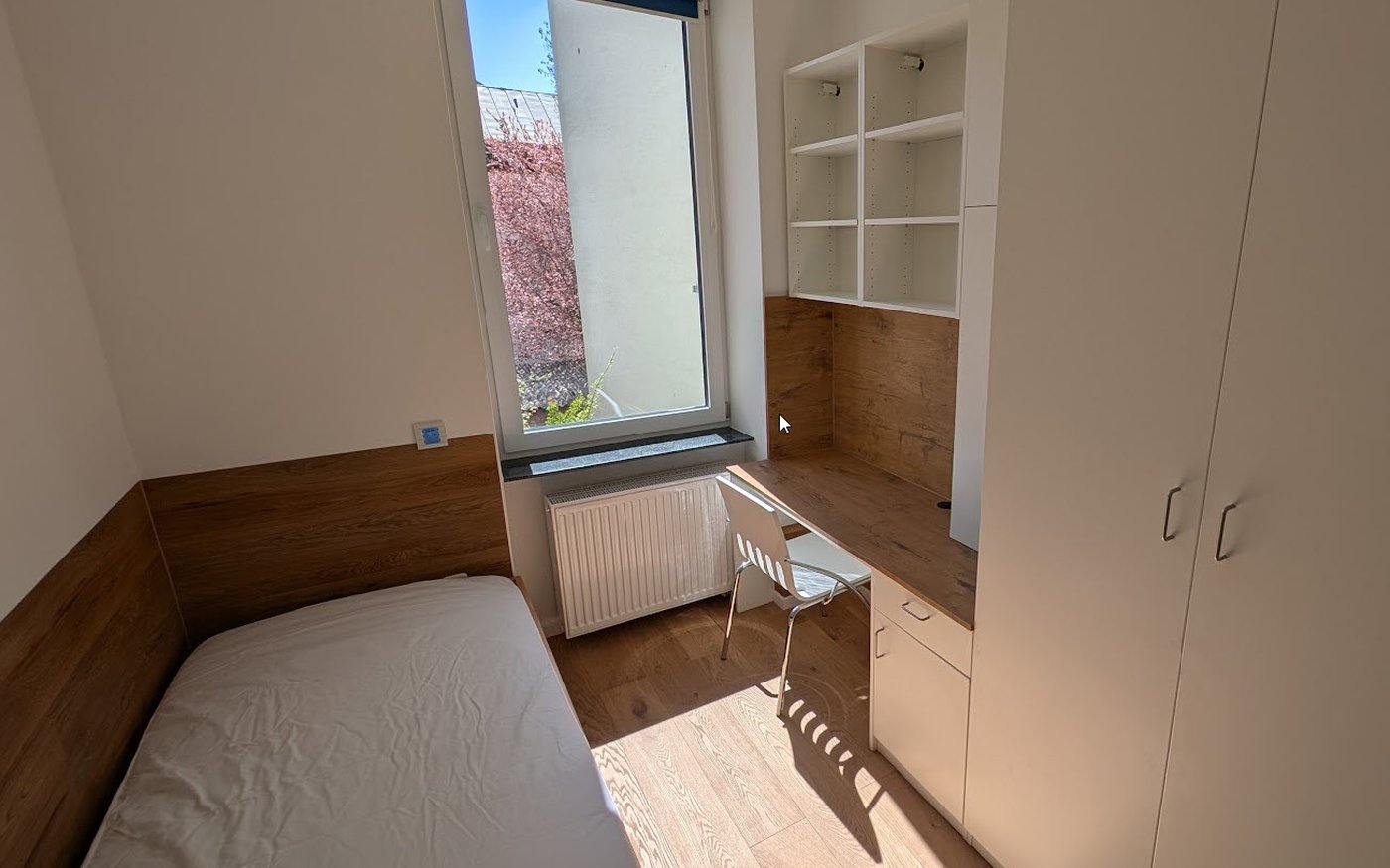 Individuell ausgestattetes kleines Zimmer im Studentenwohnheim Clemensstraße.